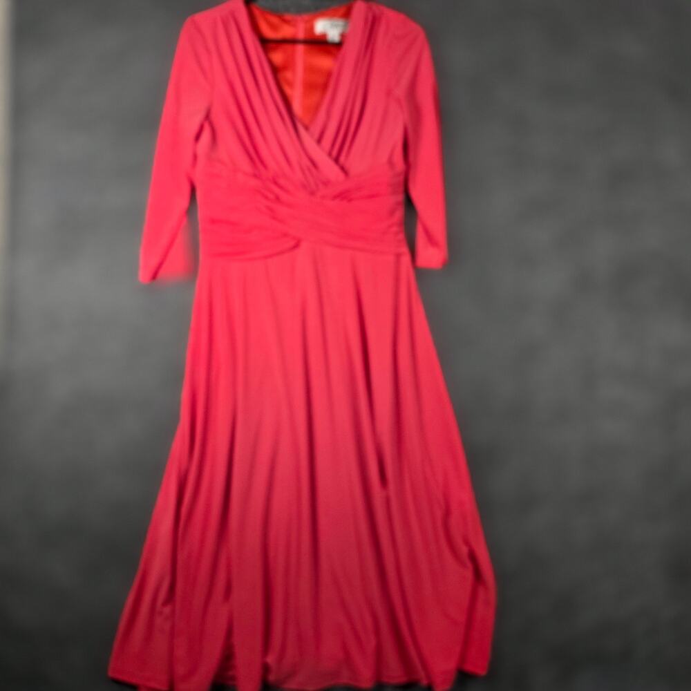 Clues Collections Coral Pink Faux Wrap Midi Dress 3/4 Sleeve Women 10‎